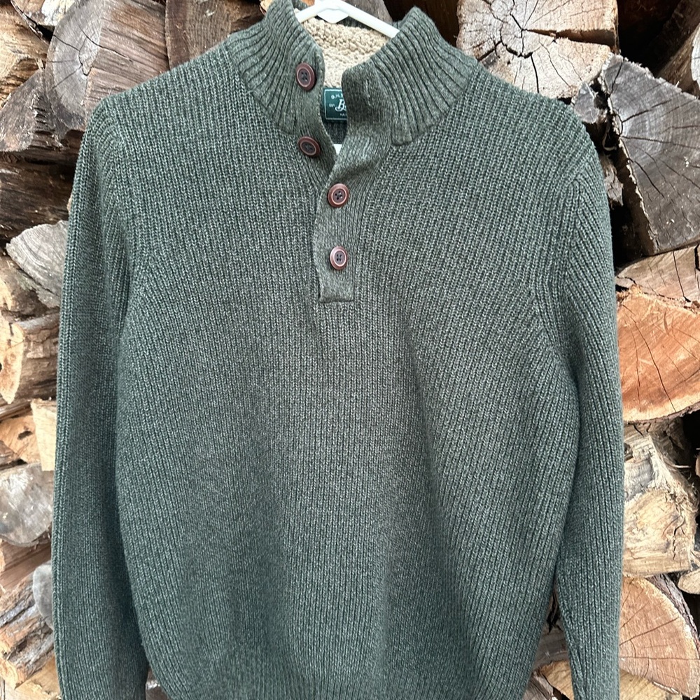 Vintage G.H. Bass Cotton Shaker Style Henley Earth Green Sweater Mens Size Large